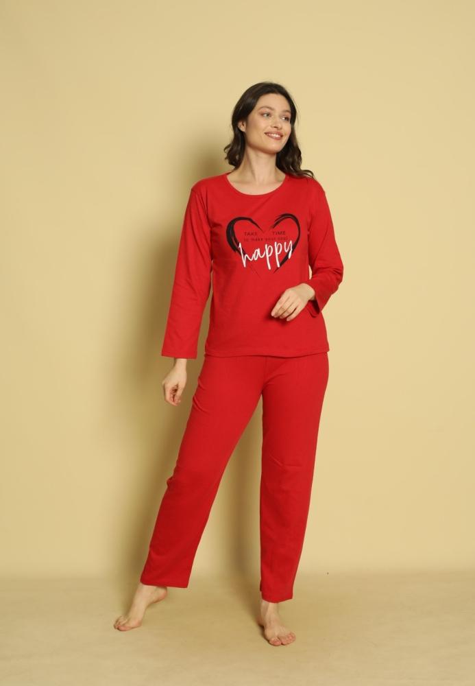 Pijama dama Serena-maneca lunga si pantalon lung, culoare rosu ,Engros
